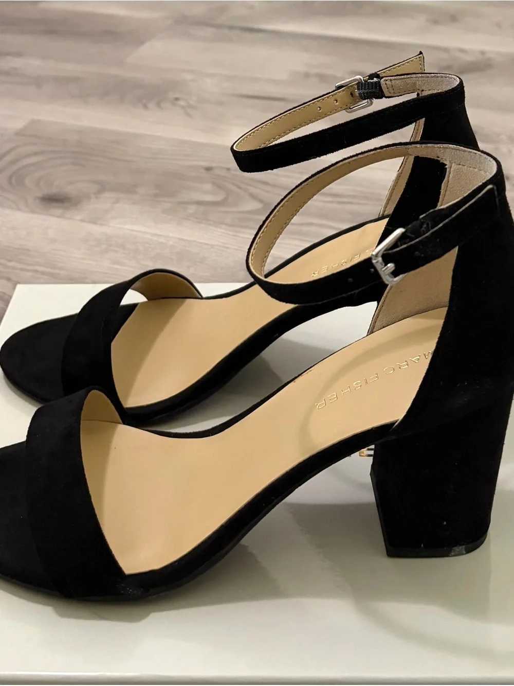 Marc Fisher Black Suede Ankle-Strap Block Heel Sandals